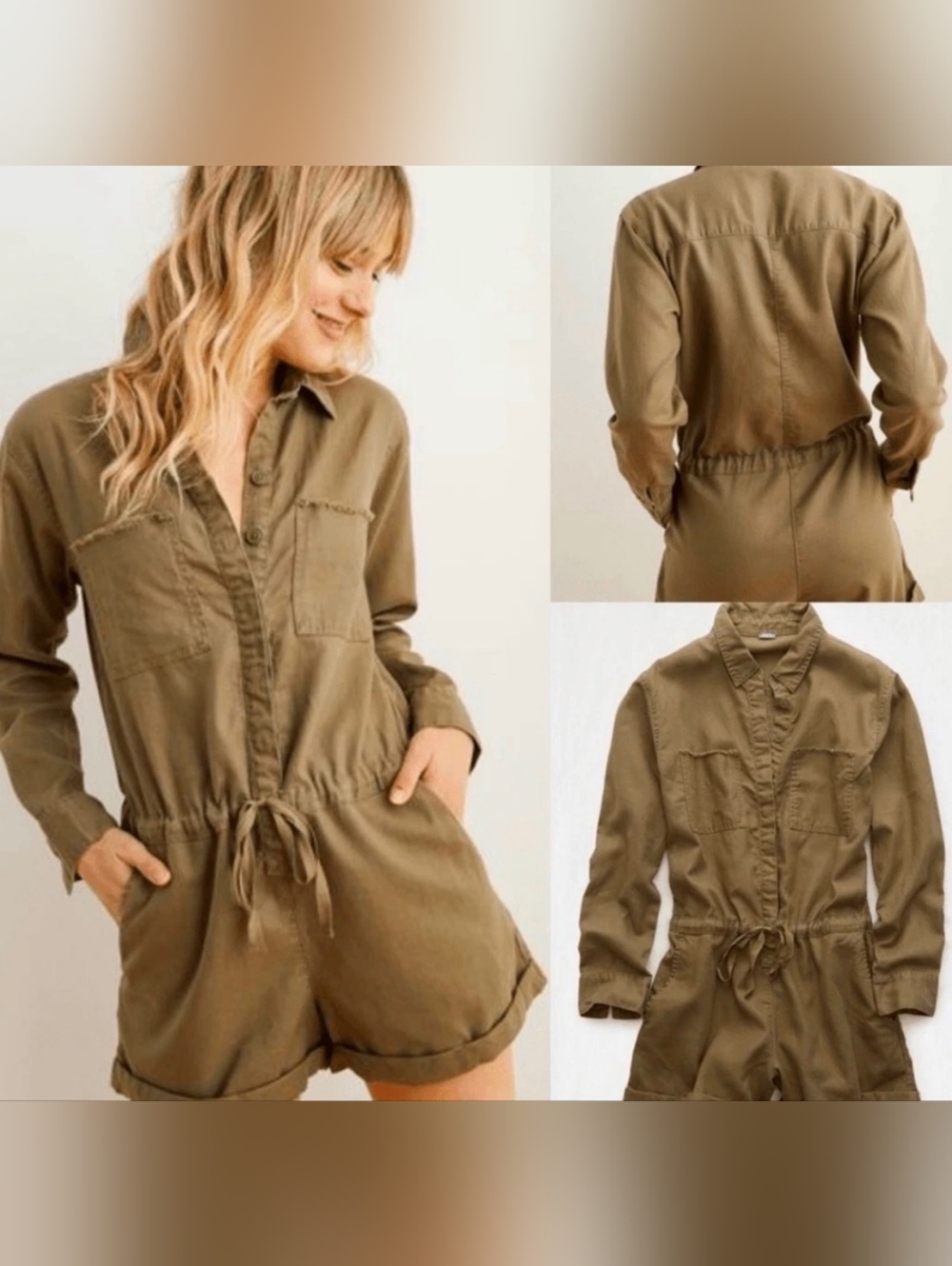 Fun NWT $55 Aerie Olive Utility Long Sleeve Button Front Shorts Romper, Sz M! 🍁
